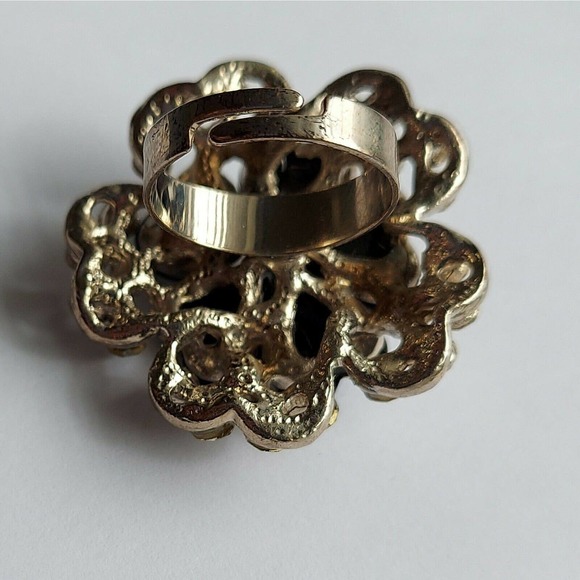 Flower Fashion Adjustable Rings Lot of 3 Rhinestone Faux Pearl Green Silver Tone - Picture 6 of 11